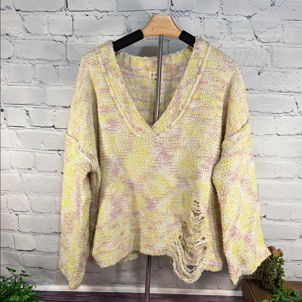 POL Women's Sunrise Sunset Chunky V-Neck Sweater Distressed Oversized Boxy